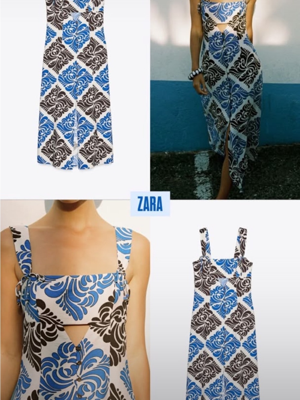 Zara Blue, Black & White Tile-Print Square-Neck Maxi Dress